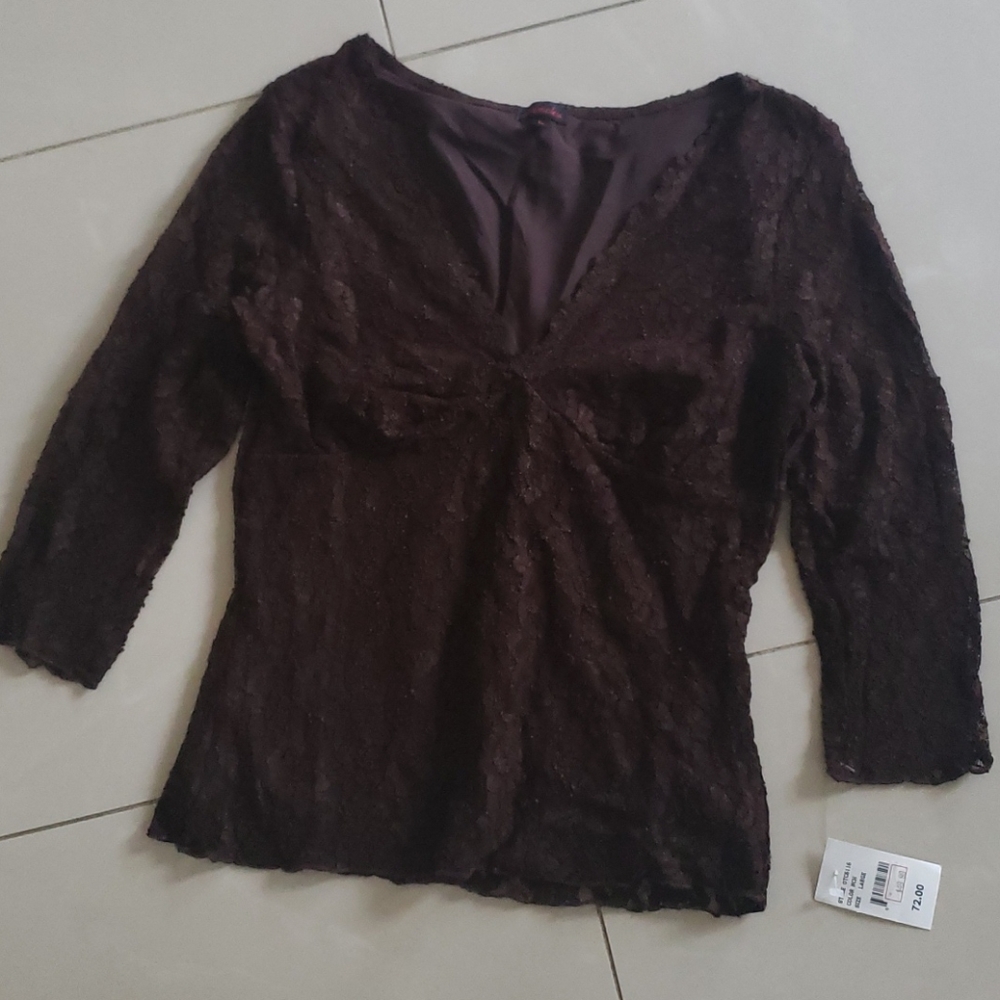 Brown Lace Stretch 3/4 Slv Top w/ Scalloped Neck